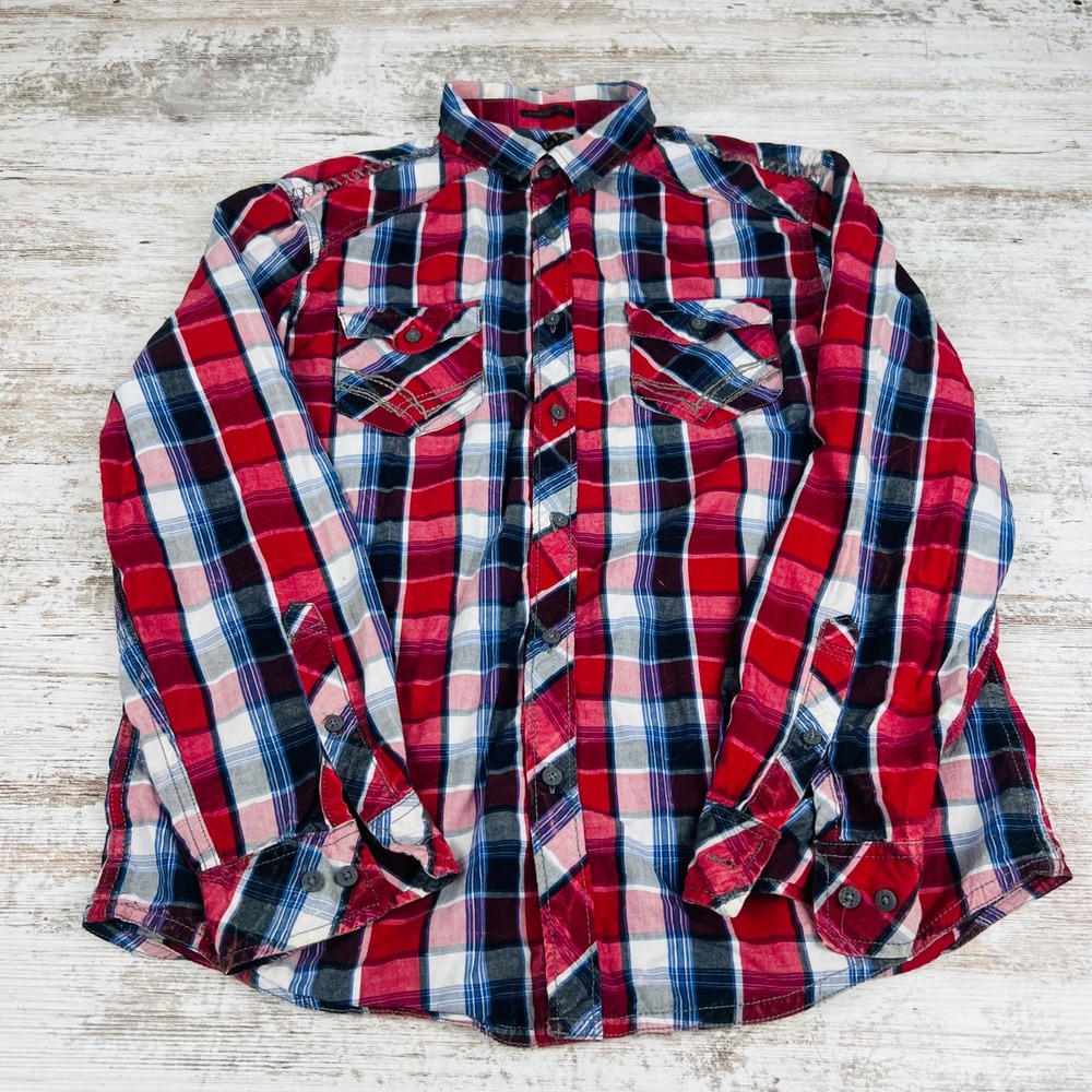 Helix Mens L Red Blue Plaid Athletic Fit Long Sleeve Button Up Shirt